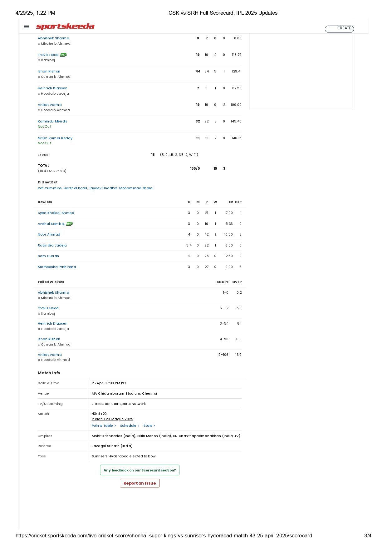 CSK vs SRH 2025 scorecard.